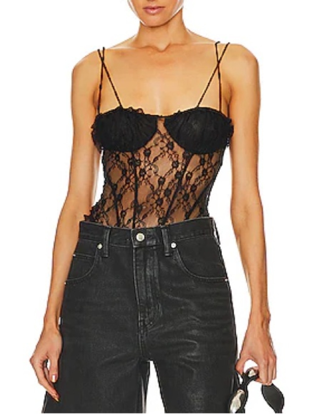 NEW FREE PEOPLE x Intimately FP If You Dare Bodysuit Black Lace Sheer Bustier M